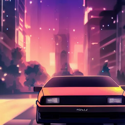 Image similar to marty mcfly entering a delorean, ambient lighting, 4k, anime key visual, lois van baarle, ilya kuvshinov, rossdraws, artstation