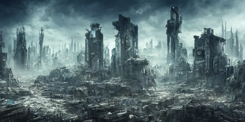 Prompt: futuristic post apocalyptic city, dystopia, 4 k