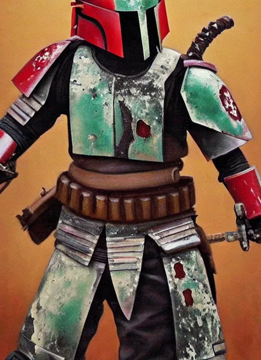 Prompt: a japanese samurai but it's boba fett, very detailed oil painting, dark and realistic, japanese art art