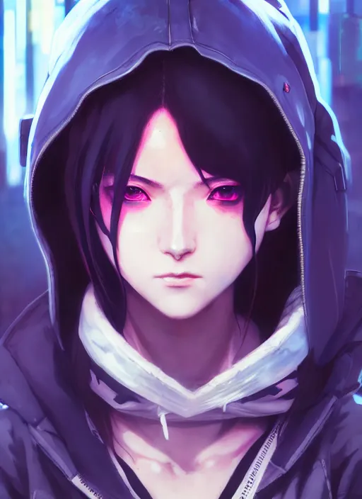 Prompt: cyberpunk anime girl in hoodie, realistic face, beautiful face, grafity, neonpunk, alita, arcane, action, tokyo street, detail, good face, pose model, concept art, in style of yoji shinkawa, pan ren wei, col price, atey ghailan, by greg rutkowski, aesthetic