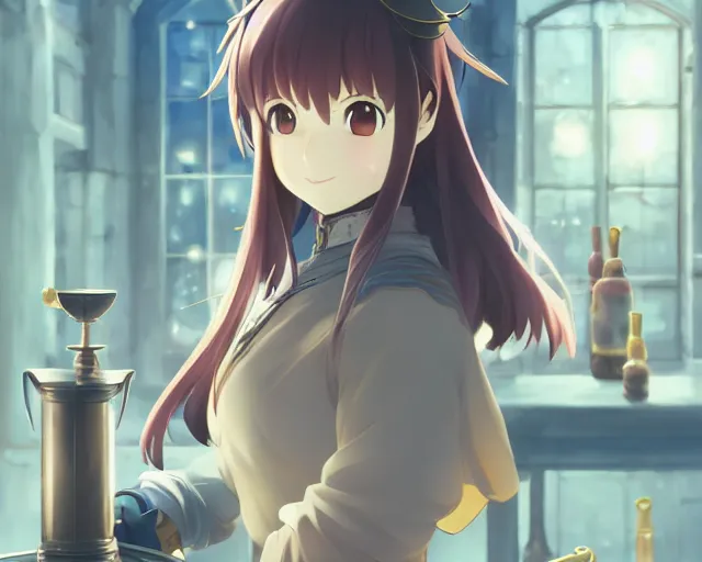 Prompt: anime visual, portrait of a young female knight in a alchemist's shop interior buying potions, cute face by yoh yoshinari, katsura masakazu, cinematic luts, cold studio lighting, dynamic pose, dynamic perspective, strong silhouette, anime cels, ilya kuvshinov, cel shaded, crisp and sharp, rounded eyes