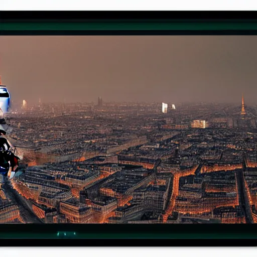 Image similar to A beautiful intricate 8K award-winning cinematic movie photograph of the future Eiffel Tower, devastated and decaying, completely covered in billboards. in the year 2043, by Bruno Delbonnel. Arri Alexa 65, IMAX 70mm footage