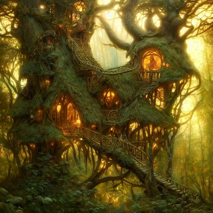 Image similar to cozy enchanted treehouse in ancient forest , diffuse lighting, fantasy, intricate, elegant, highly detailed, lifelike, photorealistic, digital painting, artstation, illustration, concept art, smooth, sharp focus, art by John Collier and Albert Aublet and Krenz Cushart and Artem Demura and Alphonse Mucha