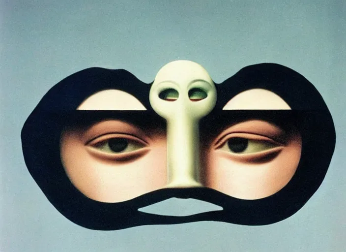 Image similar to eyes wide shut masked dancer by rene magritte