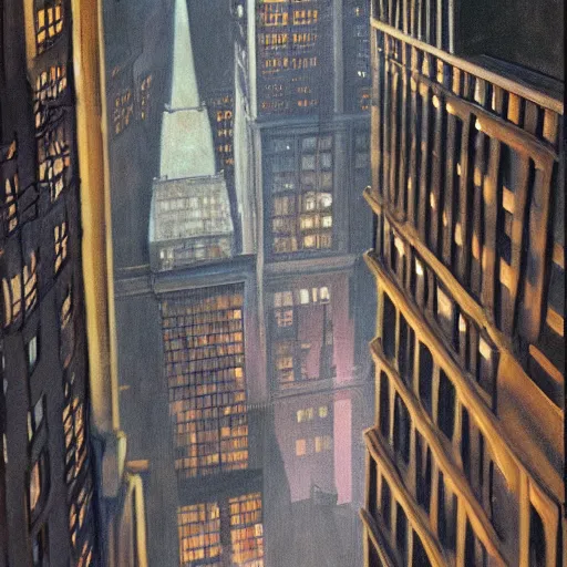 Image similar to muted color ultra realistic painting of a balcony view of 1 9 2 5 boston downtown at night, looking like dr strange mirror dimension, dark, brooding, night, atmospheric, ultra - realistic, smooth, highly detailed in the style of clyde caldwell