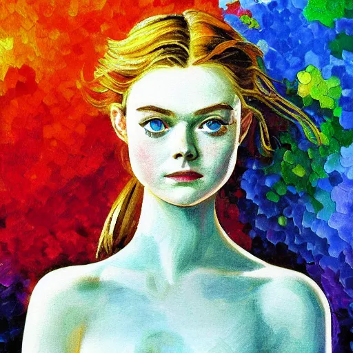 Image similar to professional painting of Elle Fanning in Metal Gear Solid in the style of Henri-Edmond Cross, head and shoulders portrait, symmetrical facial features, smooth, sharp focus, illustration, intricate, stormy weather, extremely detailed masterpiece,