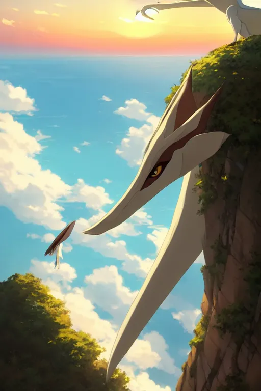 Image similar to a large smooth skinned white creature hybrid pterosaur, sitting on a cliff high in the sky, sunset, backlit, beautiful composition, by makoto shinkai an krenz cushart