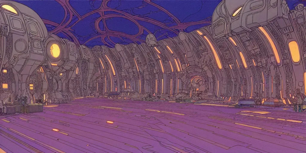 Prompt: cel shaded cinematic shot of the interior of a sci-fi space station with ornate Elven architecture bustling with various intelligent alien species, epic castle, emerald, crystalline, detailed illustration, sharp focus, clean lines, art by Moebius, Jean Giraud Moebius comic illustration