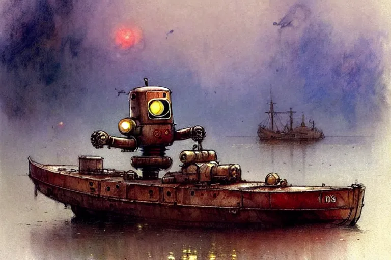 Image similar to adventurer ( ( ( ( ( 1 9 5 0 s retro future robot android mouse house boat tug boat calm stream. muted colors. ) ) ) ) ) by jean baptiste monge!!!!!!!!!!!!!!!!!!!!!!!!! chrome red