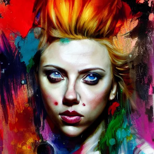 Image similar to beautiful painting of drunken scarlett johansson as delirium from sandman, one green eye and one blue eye, ( hallucinating colorful soap bubbles ), by jeremy mann, by sandra chevrier, by dave mckean and richard avedon and maciej kuciara, 1 9 8 0's, punk rock, tank girl, high detailed, 8 k