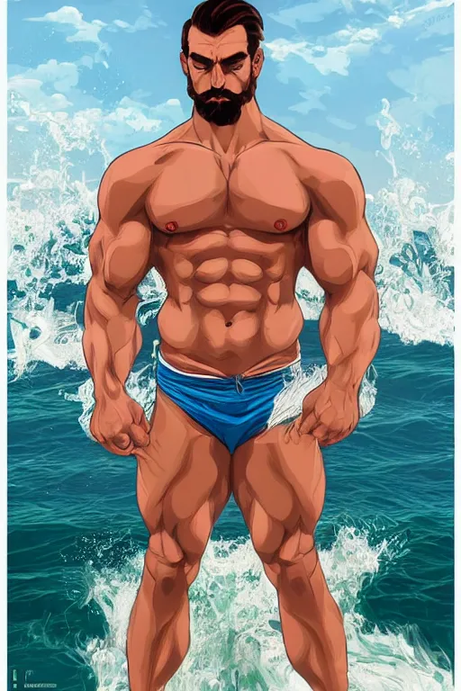 Image similar to gigachad bodybuilder luigi at the ocean by ilya kuvshinov, ernest khalimov body, super mario bros symmetrical face concept art, hyper realistic, intricate, elegent, highly detailed, digital painting, concept art, smooth, sharp, focus, illustration, art by artgerm and greg rutkowski and alphonse mucha, artstation