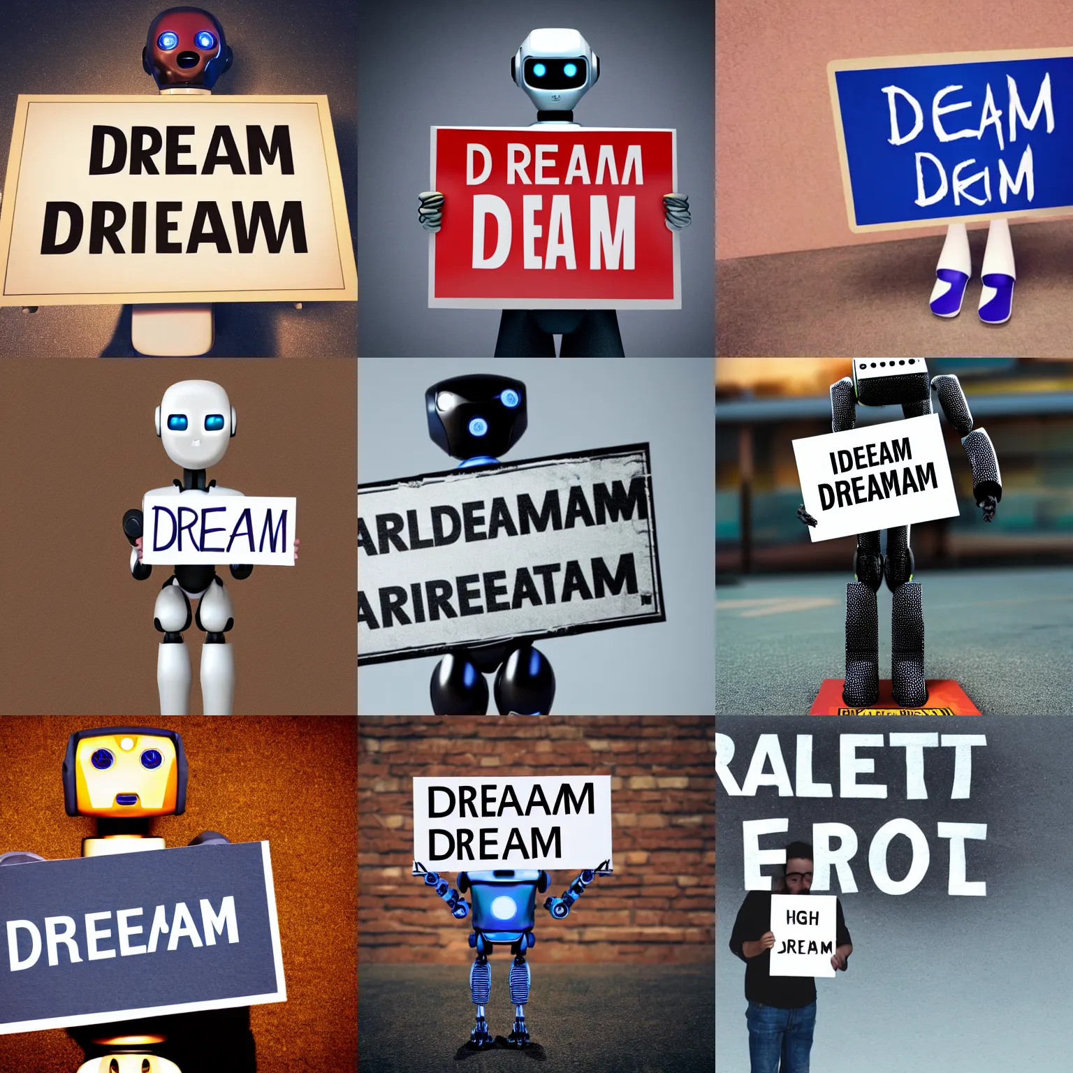 Image similar to realistic high quality photo of artificial intelligence robot holding a sign with text that reads : dream