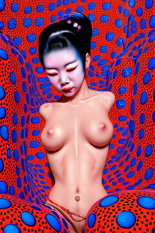 Image similar to realistic detailed image of a geisha laying down in a padded room, conjuring psychedelic background, part by yayoi kusama, part by alex gray, part by ross tran, part by james jean, ultra realistic, highly detailed, 8 k, trending on artstation, very cohesive, masterpiece