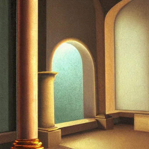 Prompt: still life painting of a room with a balcony and a marbled pedestal displaying an ancient holy artifact, centered in frame and shaped like a torus ring, chromed and ornate with gentle iridescent shine from within. perspective from the side. realistic light and shadows. moody fantasy art, still life renaissance pastel painting. close up