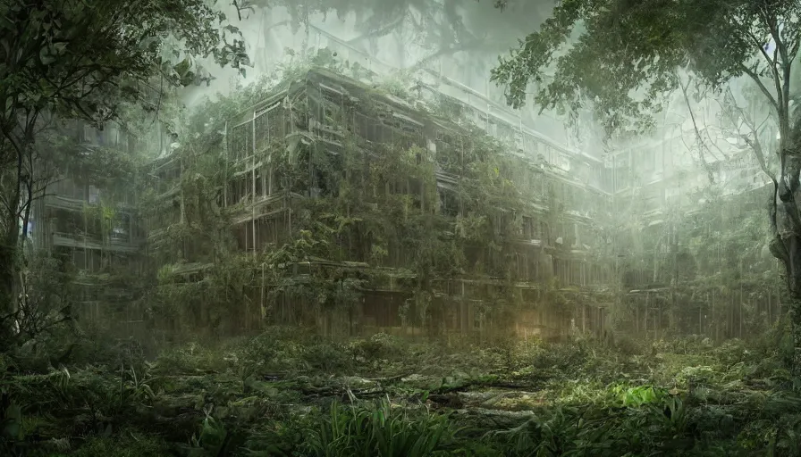 Prompt: Abandoned big hospital covered by vegetation in the forest, hyperdetailed, artstation, cgsociety, 8k