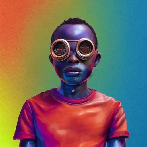 Image similar to colourful vfx upper half - portrait - art of a nigerian boy wearing steam punk goggles, art by stanley artgem lau & tenmyouya hisashi, digital render, digital illustration, concept art, caricature, volumetric light, ray tracing, symmetrical, unreal engine, octane 3 d render, sharp, detailed, intricate detail, pinterest, behance, art station,