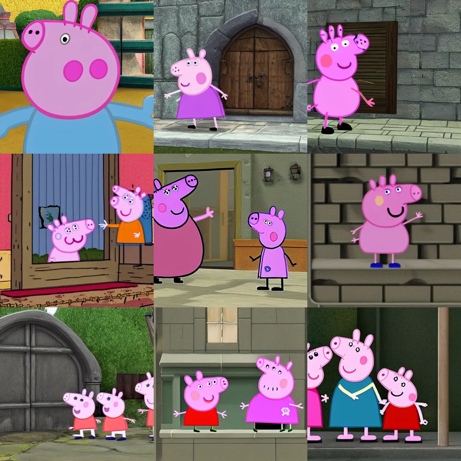 Prompt: peppa pig trying to break into the thalmor embassy