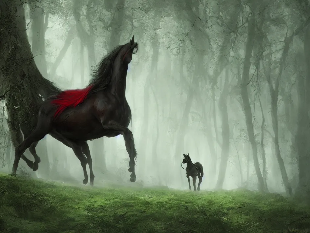 Prompt: a female beauty with red cap rides on a strong black horse slowly through a dense misty green oak and beech forrest, rays of life, cinematic, fantasy art, moody morning light, cryengine, trending on artstation, by john howe, by ridley scott, by peter jackson
