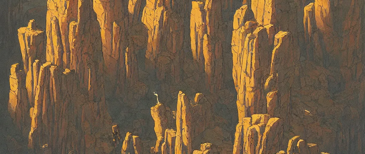 Prompt: A beautiful illustration of anthropomorphic Feline warriors statues carved in cliffsides by Robert McCall and Ralph McQuarrie | sparth:.1 | Graphic Novel, Visual Novel, Colored Pencil, Comic Book:.2 | unreal engine:.5 | establishing shot