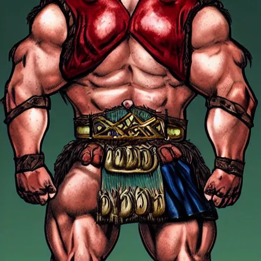 Image similar to bulky muscular scottish warrior with red hair and a kilt, tribal blood red war paintings on his chest, bronze plate armor, in the style of paul pelletier, artgerm