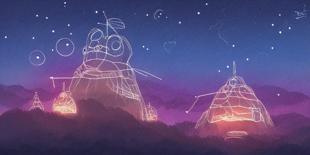 Image similar to glowing wireframe totoro, mountain landscape, night sky, digital art, digital painting, celestial, majestic, colorful