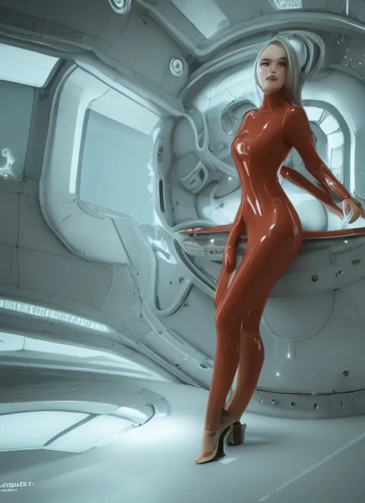 Prompt: a girl in a spaceship, beautiful girl model, detailed latex dress, detailed shot, by artgerm, by wlop, octane render, spaceship window