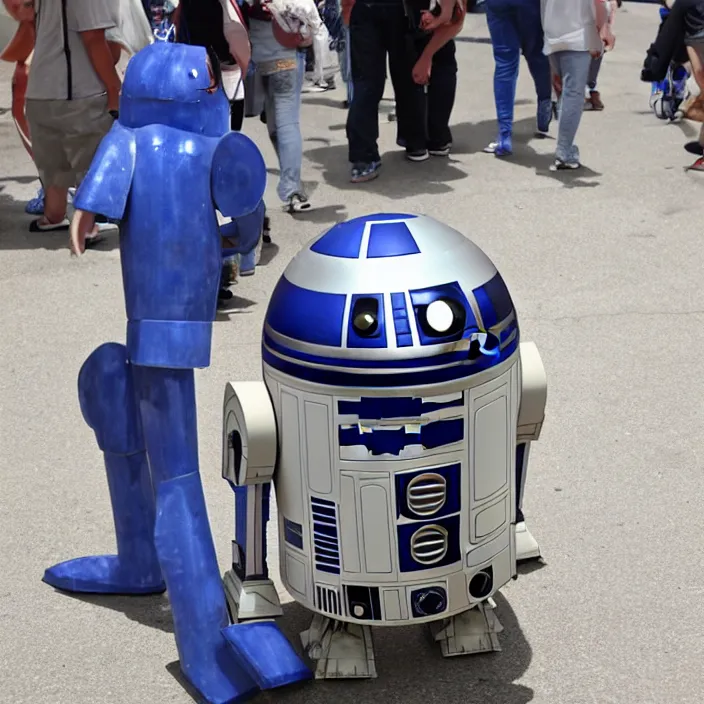 Prompt: r 2 d 2 walking around town with arms and legs