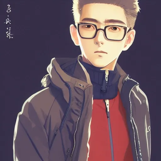 Image similar to a handsome young man! model, wearing ma - 1 flight suit jacket and overalls, bulky poofy bomber jacket with mayan patterns, trending on pixiv fanbox, painted by greg rutkowski makoto shinkai takashi takeuchi studio ghibli, akihiko yoshida