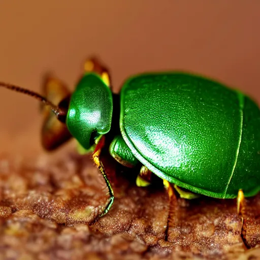 Image similar to green beetle and snail, photorealistic, close - up