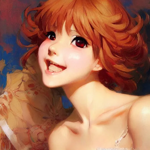 Image similar to a detailed portrait of a cute anime girl, smiling coy, painting by gaston bussiere, craig mullins, j. c. leyendecker