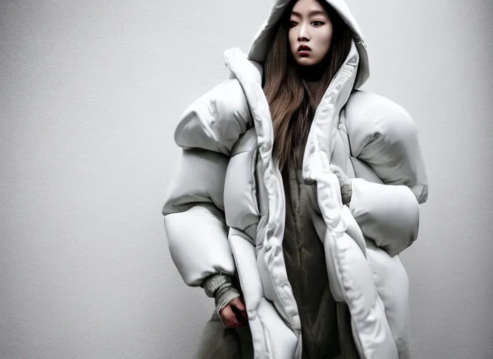 Image similar to well lit fashion shoot portrait of extremely beautiful female marble statue wearing huge over size puffer jacket by dingyun zhang, yeezy, balenciaga, vetements, a cold wall, sharp focus, clear, detailed,, cinematic, detailed, off white, glamourous, symmetrical, vogue, editorial, fashion, magazine shoot, glossy