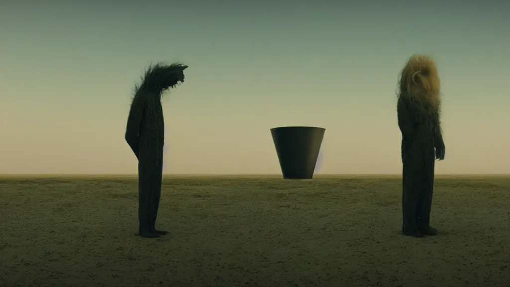 Image similar to the strange creature at the office that listens to my thoughts, made of oil and water, film still from the movie directed by Denis Villeneuve with art direction by Salvador Dalí, golden hour