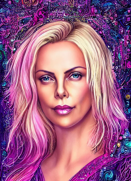 Prompt: charlize theron beautiful young woman, extremely detailed gorgeous face, sad eyes, tears, sexy body and face, pink and purple hair, vaporwave aesthetic, synthwave, long luxurious gown, colorful, bioluminescent, opalescent, detailed filigree, sparkling crystals, sunset halo around her head, psychedelic, intricate, elegant, highly detailed, digital painting, artstation, concept art, smooth, sharp focus, illustration, art by artgerm and greg rutkowski and alphonse mucha