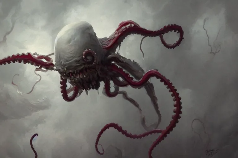 Image similar to painting by greg rutkowski of a flying human head and face that is chalk white in color, with tentacles coming of the neck, red eyes, flying in a terrying hell like cavernous place