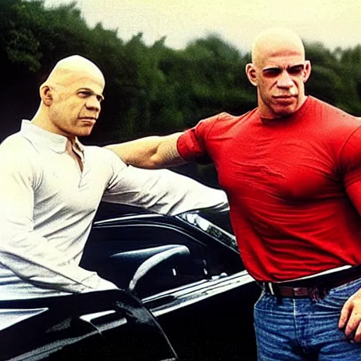 Image similar to coloured photograph of a muscled young white bald guy with broad shoulders, black shirt and a large chest driving a racing red mustang down a british road, high detail, very clear faces