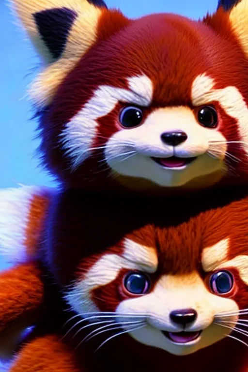 Image similar to high quality 3 d render hyperrealist very cute red panda & cat hybrid, vray, detective pikachu, very dramatic light, low angle, uhd 8 k, shallow depth or field