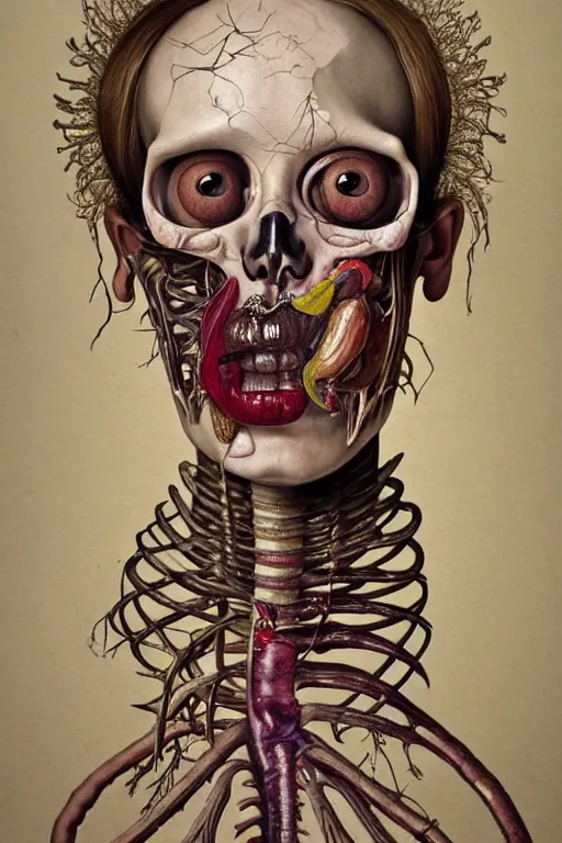 Image similar to Detailed maximalist portrait with large lips and eyes, scared expression, botanical anatomy, skeletal with extra flesh, HD mixed media, 3D collage, highly detailed and intricate, surreal illustration in the style of Jenny Saville, dark art, baroque, centred in image