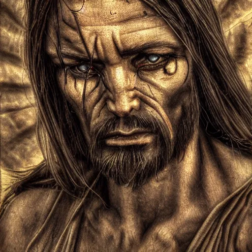 Image similar to a realistic photo of demonic Jesus Christ scary, horror, demons, terror, terrifying, dark, gloomy, ominous, hyper realism, wide shot, photography, photograph, hyper realism, detailed face, render,