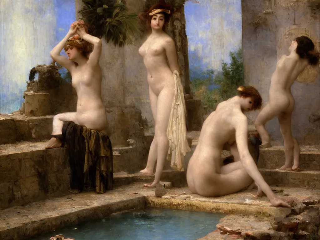 Image similar to felicia day in a turkish bath, painted by jean - leon gerome, by gustave moreau, by william - adolphe bouguereau. exquisite detail and color. volumetric lighting, soft lighting. 8 k resolution