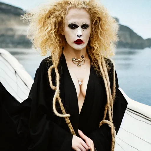 Prompt: a blonde woman in a black robe lying on the deck of a ship, a beautiful english woman with a long face narrow nose pale skin blue eyes red lips and wild messy tangles of curly white blonde hair, high resolution film still wearing a black robe and skull necklace and holding a spear, sandy, a journey to the west