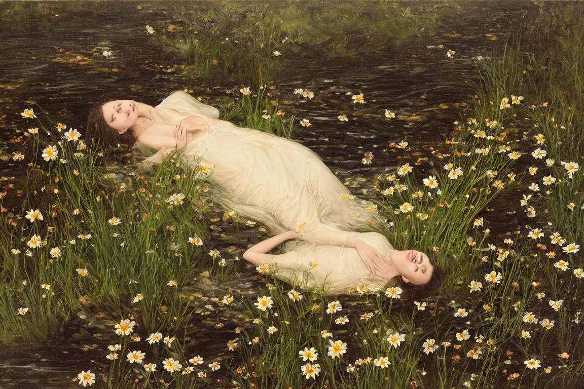 Image similar to Beautiful woman lying horizontal in a dark water stream. Flowers in hand. Golden brown dress, light dark long hair. Apathetic, pale, dead but beautiful. Poppies, daisies, pansies. Most accurate and elaborate studies of nature ever made. The background Hogsmill river in Surrey, rich Forest, dark, wood, bushes. Naturalistic strong green colors. Painting by John Everett Millais.