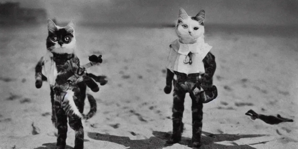 Prompt: 1920s photograph of a humanoid cat wearing a steampunk suit, standing at the beach, looking at the camera