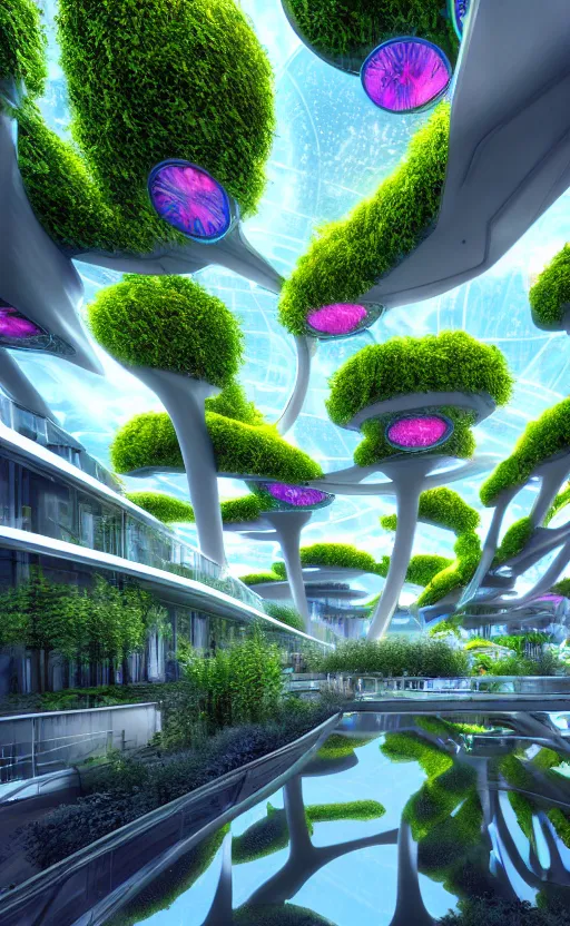 Prompt: biophilic futuristic scifi suspended colorful city gardens architectural landscape, fluid flowers, porcelain, beautiful morning light, canal bridge paths pedestrian cafes, interior cinematic composition, granite marble, nebula magnolia, glass walls, metallic, grass, exotic trees, modular buildings, vincent callebaut composition, 8 k, unreal engine, hdr