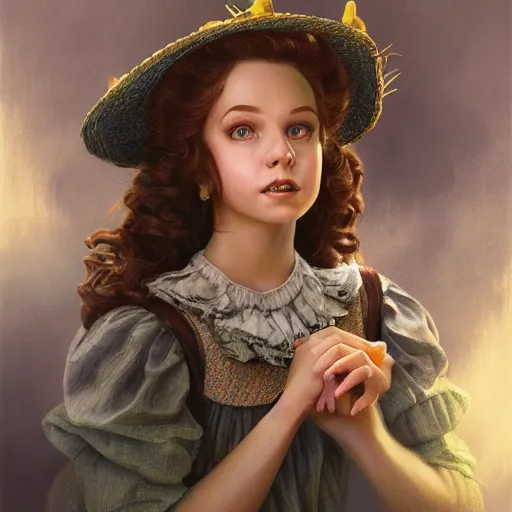 Image similar to full body portrait of Dorothy Gale from the Wizard of Oz, D&D, fantasy, intricate, elegant, highly detailed, digital painting, artstation, concept art, smooth, sharp focus, illustration, art by artgerm and greg rutkowski and peter mohrbacher