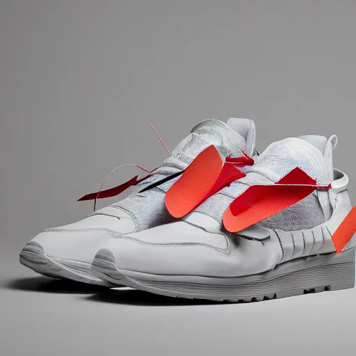 Prompt: a studio photoshoot of A Nike running sneaker designed by Virgil Abloh, mesh fabrics, Off-White, realistic, color film photography by Tlyer Mitchell, 35 mm, graflex