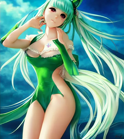 Prompt: Anime art very beautiful Hatsune miku by artgerm, rossdraws, Gil Elvgren, Vladimir Volegov, Earl Moran, Enoch Bolles, symmetrical shoulders, smiling, green swimsuit