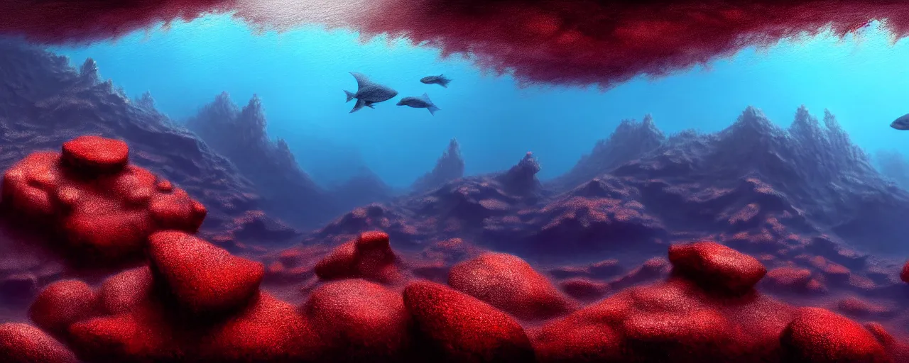 Image similar to A gorgeous detailed oil of a dark red sea covered in big blue steep rocks, a school of piranhas underwater, the further away the mistier it gets, surreal, concept art, dark aesthetic, atmospheric, moody, hyperrealism, highly detailed, masterpiece, award winning, 4k, unreal engine