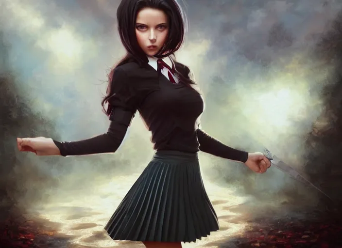 Image similar to a beautiful woman with school uniform, seifuku, pleated miniskirt, overknee socks, adriana lima, painted by artgerm and tom bagshaw, fantasy art, dramatic lighting, highly detailed oil painting, volumetric lighting