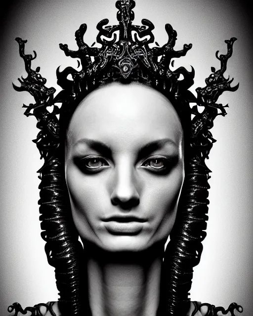 Image similar to a black and white high quality photo of a young beautiful female queen-dragon-cyborg bust with a very long neck and Mandelbrot fractal face, Mandelbrot fractal skin, flesh, anatomical, facial muscles, veins, arteries, elegant, highly detailed, flesh highly baroque ornate, hair are wired cables, elegant, high fashion, rim light, octane render, in the style of H.R. Giger, Louis Daguerre and Man Ray, Realistic, Refined, Digital Art, Highly Detailed, Cinematic Lighting, rim light, black and white, photo-realistic, 8K