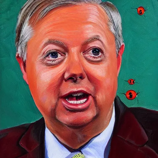 Prompt: painting of lindsey graham composed of ladybugs. masterpiece oil painting.